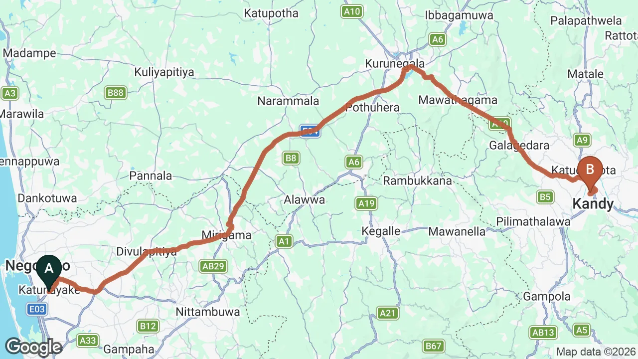 Route map: Colombo (CMB) Airport to Blue Haven Residence, Kandy