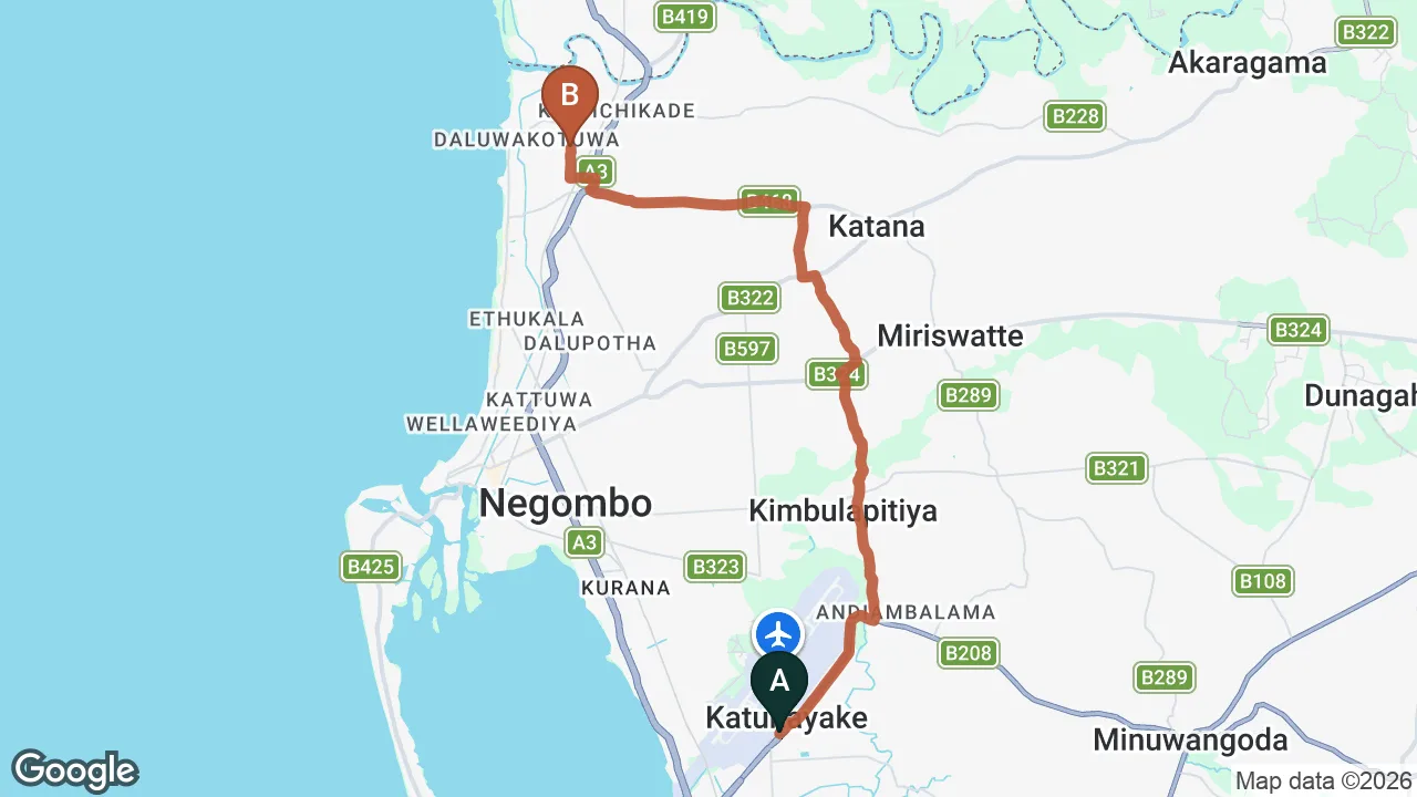 Route map: Colombo (CMB) Airport to Silver Sands, Negombo