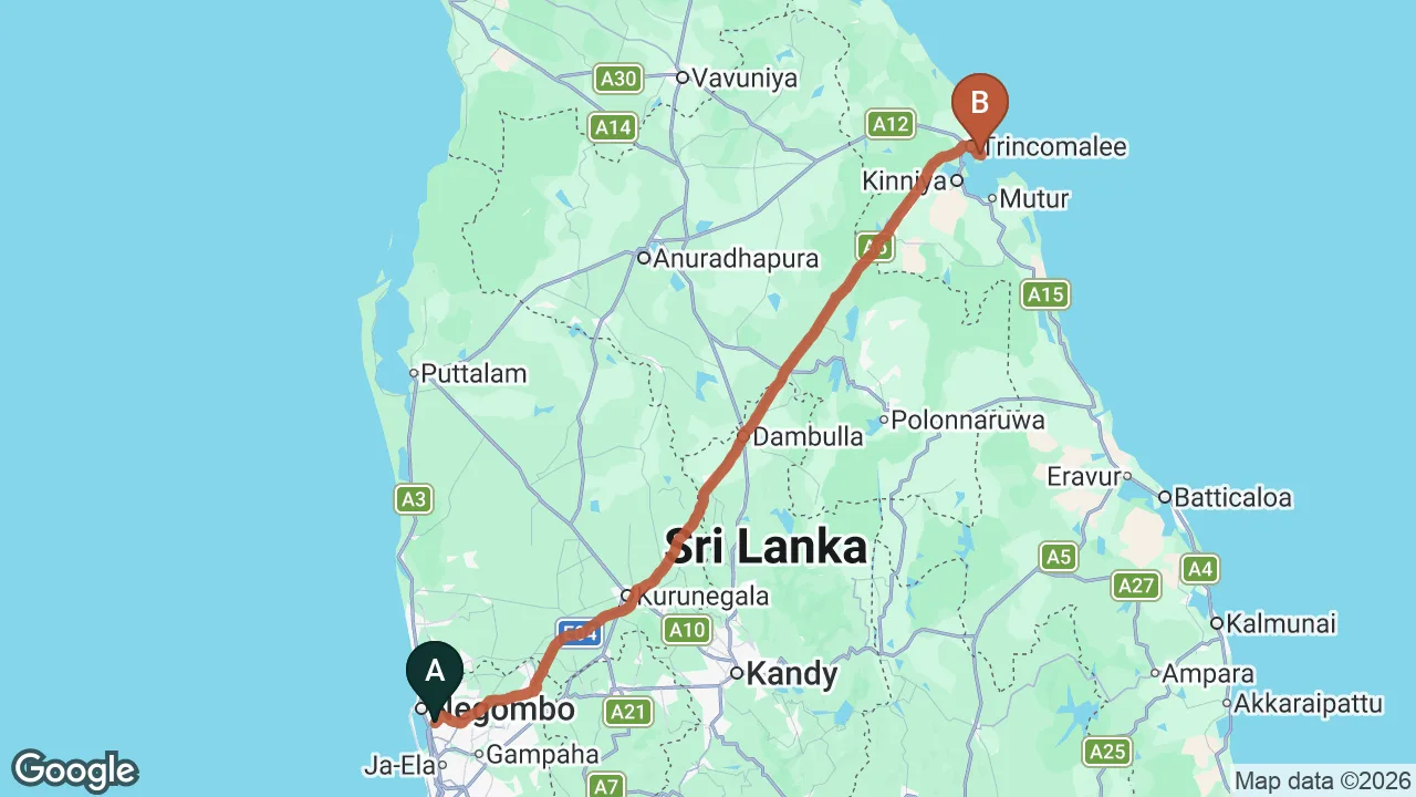 Route map: Colombo (CMB) Airport to Dyke Rest, Trincomalee