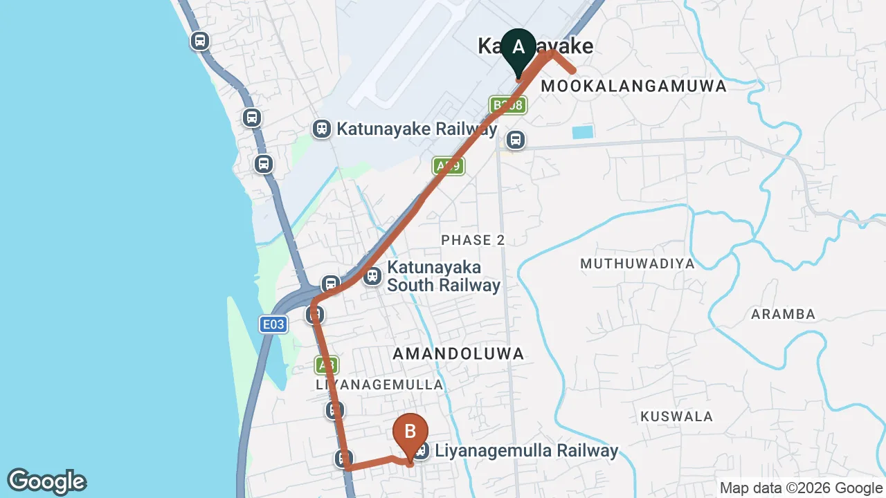 Route map: Colombo (CMB) Airport to Guest Ryan, Katunayake