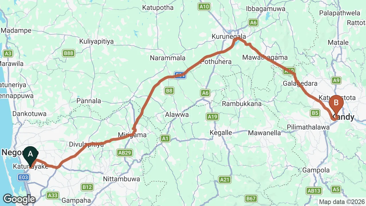 Route map: Colombo (CMB) Airport to Emerald Hill Hotel, Kandy