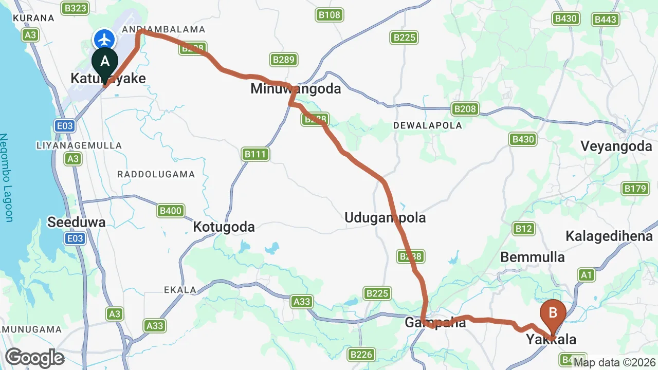 Route map: Colombo (CMB) Airport to Letona Colonial Cafe, Gampaha
