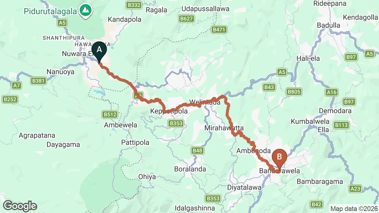 Route map: Nuwara Eliya City to Bandarawela City