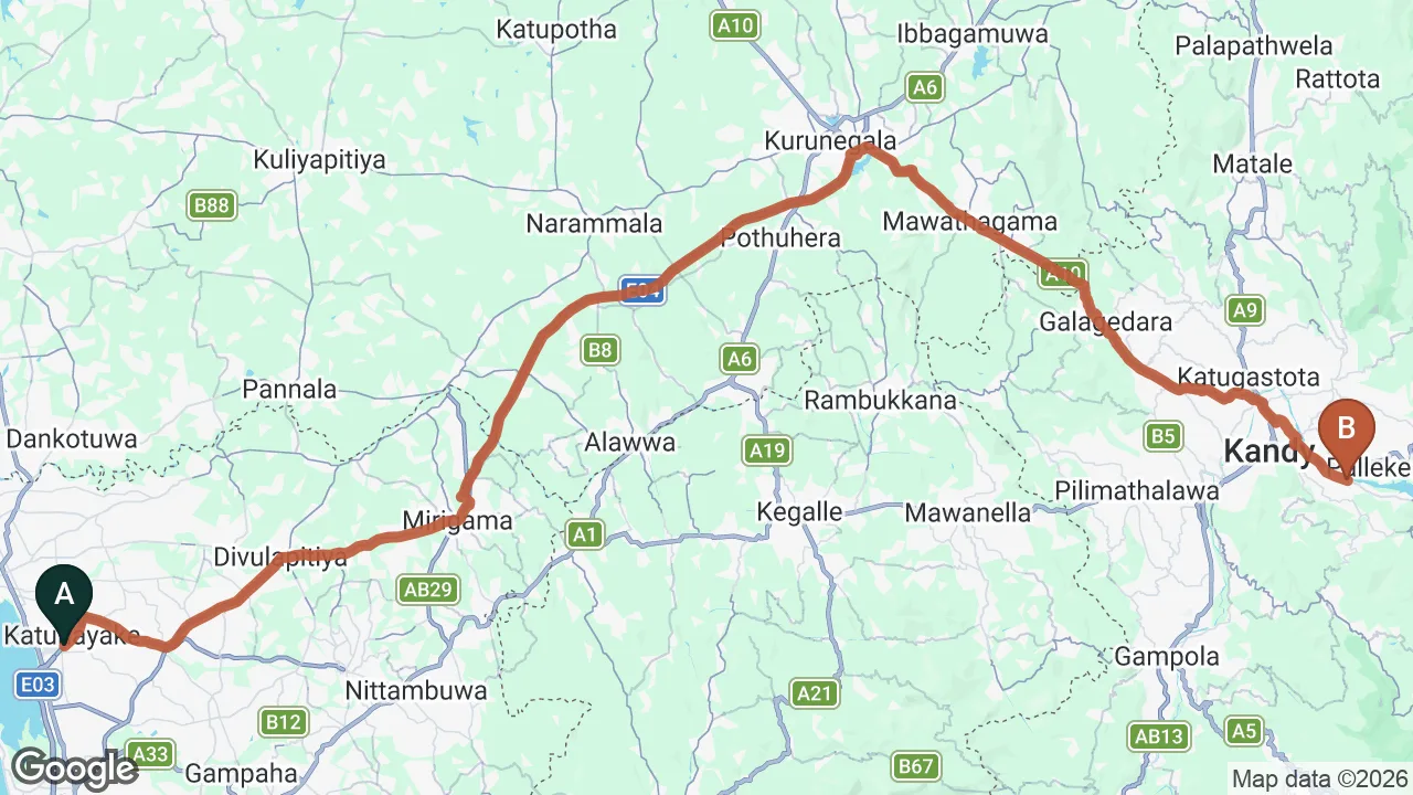 Route map: Colombo (CMB) Airport to Isuru Inn, Kandy