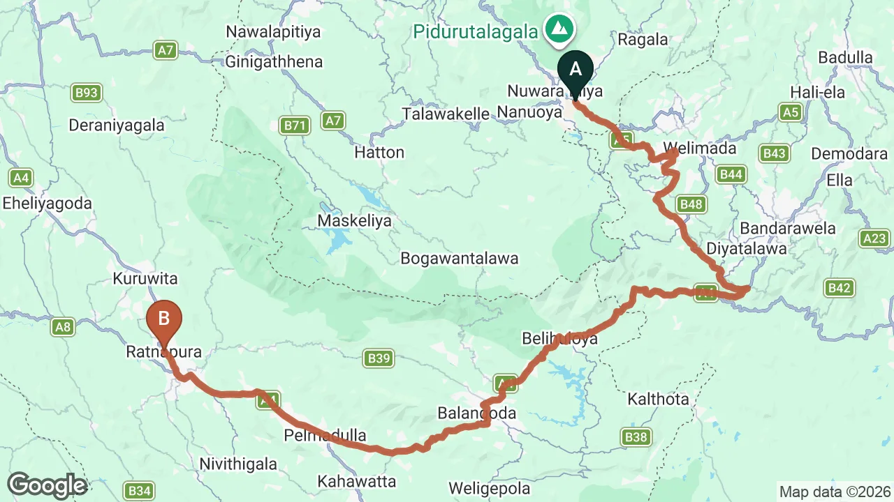 Route map: Nuwara Eliya City to Ratnapura City
