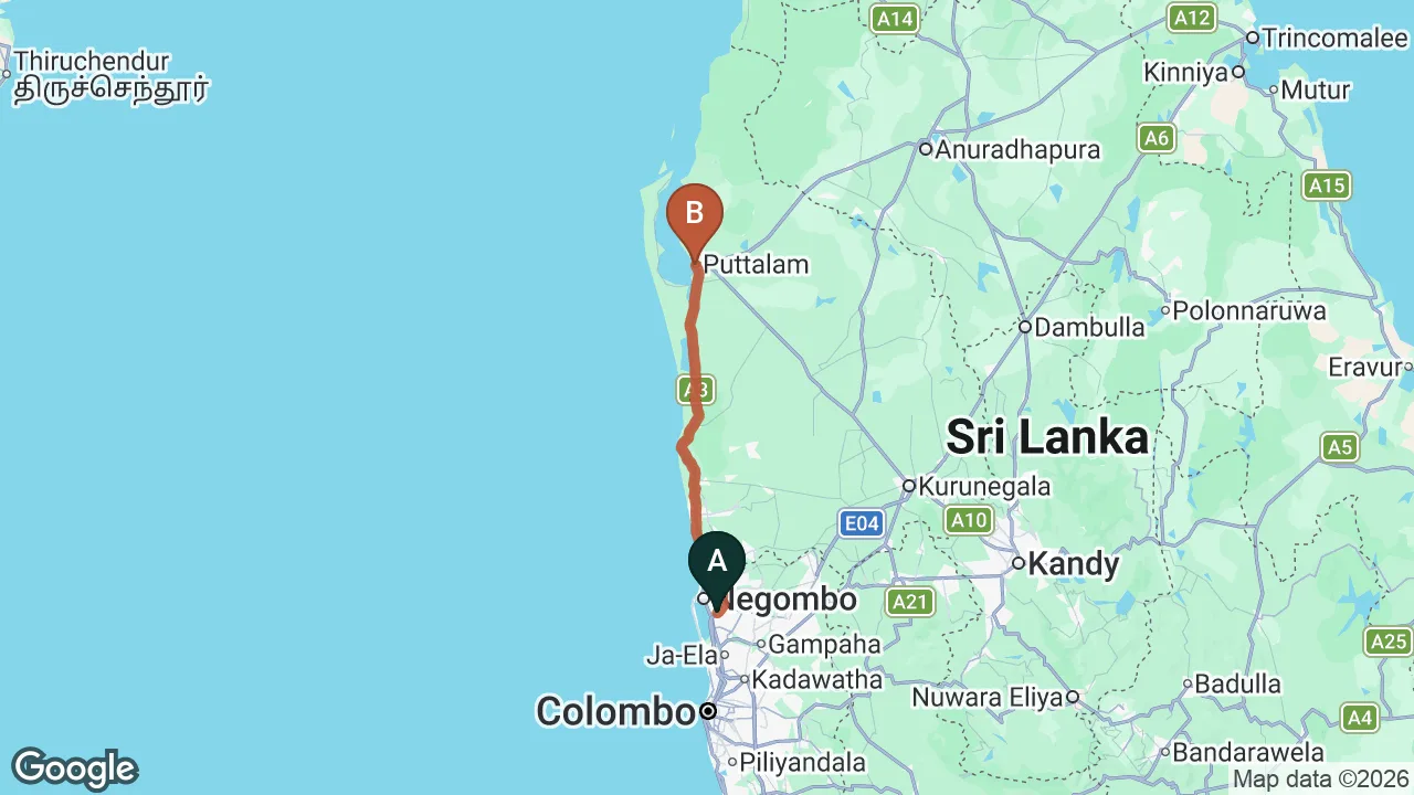 Route map: Colombo (CMB) Airport to Monsoon Villa, Puttalam