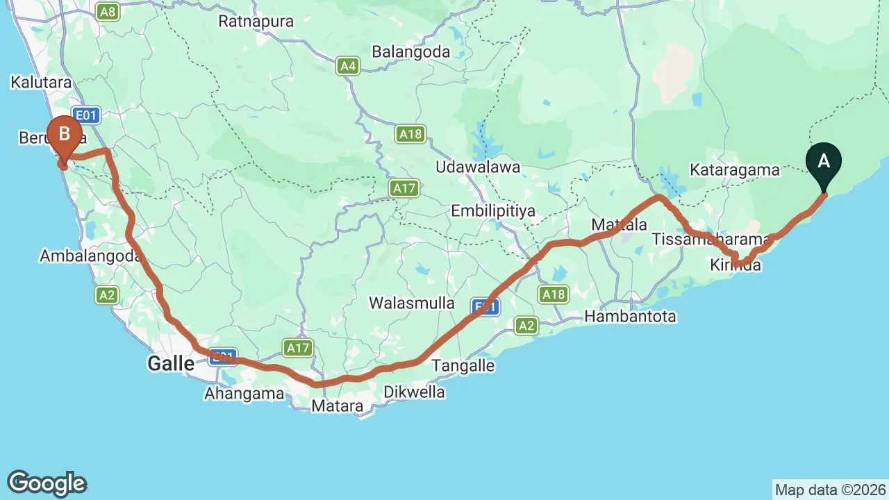 Route map: Yala City to Bentota City
