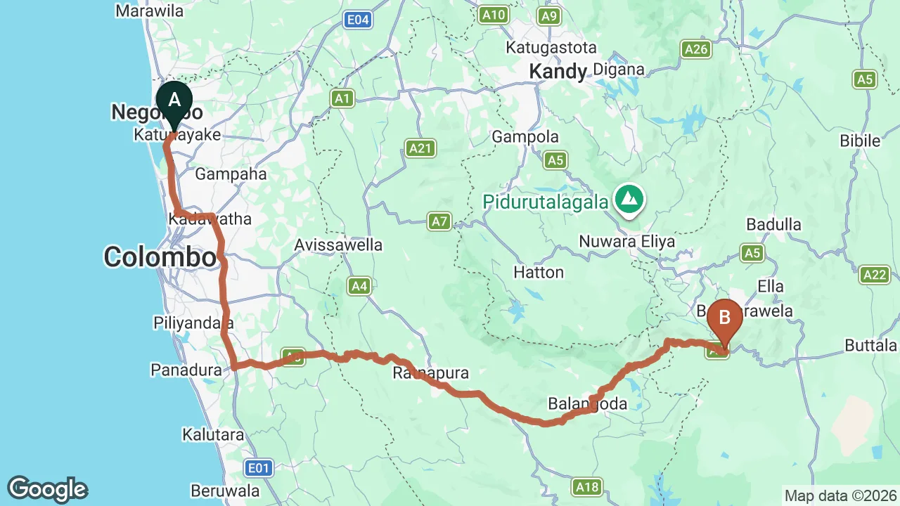 Route map: Colombo (CMB) Airport to Hapu Tales, Haputale