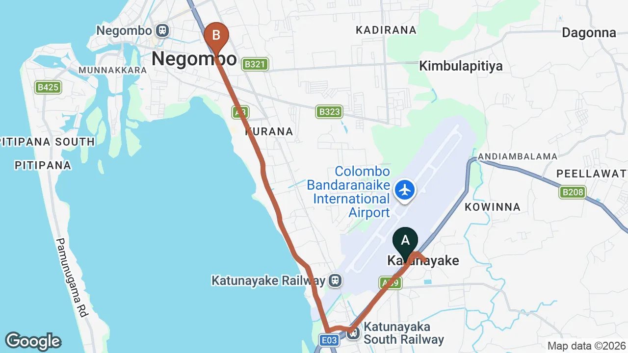 Route map: Colombo (CMB) Airport to Stemyra, Negombo