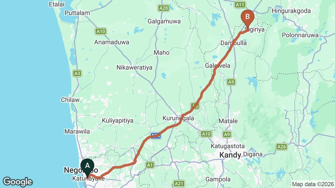 Route map: Colombo (CMB) Airport to Atha Resort, Sigiriya
