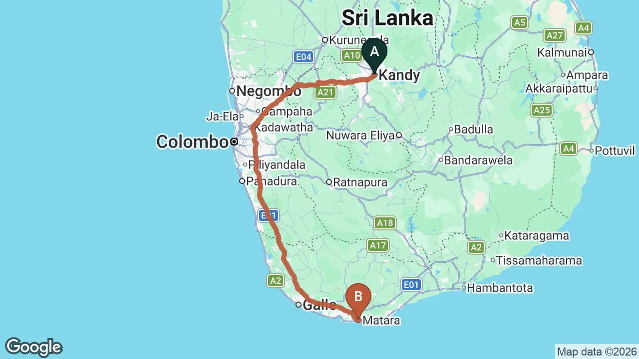 Route map: Kandy City to Matara City