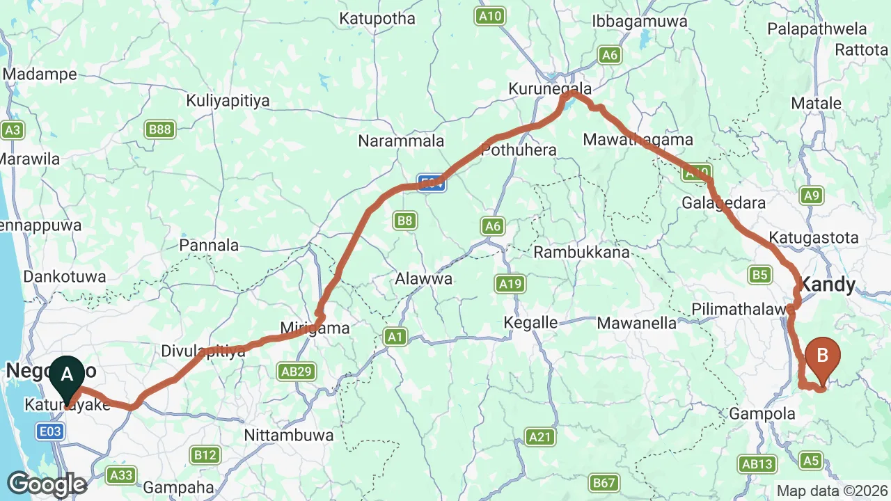 Route map: Colombo (CMB) Airport to Ellerton Kandy, Kandy