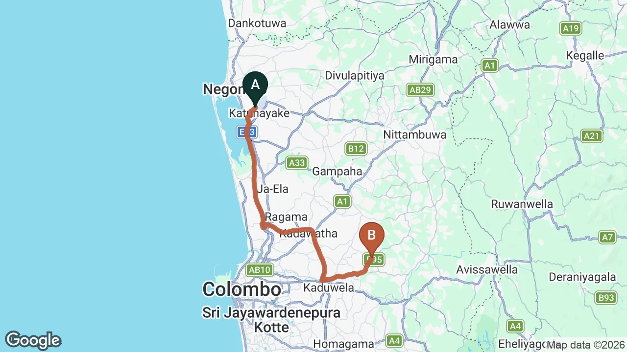Route map: Colombo (CMB) Airport to Dekatana City