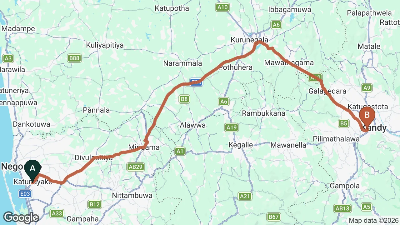 Route map: Colombo (CMB) Airport to Mountain Breeze, Kandy