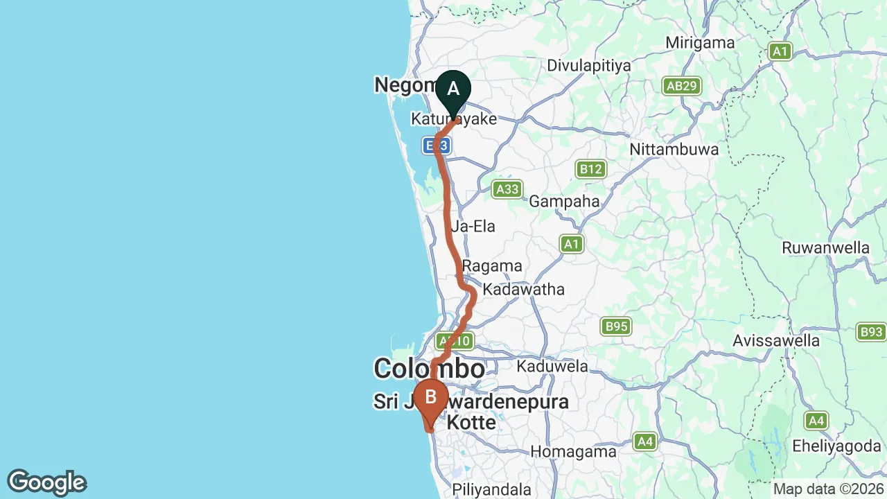 Route map: Colombo (CMB) Airport to The Matrix, Colombo