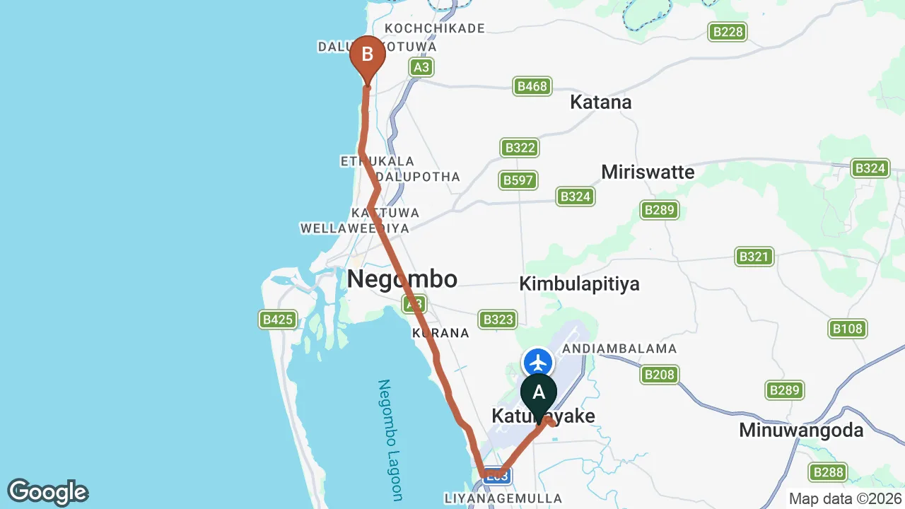 Route map: Colombo (CMB) Airport to Mapel Leaf Hotel, Negombo