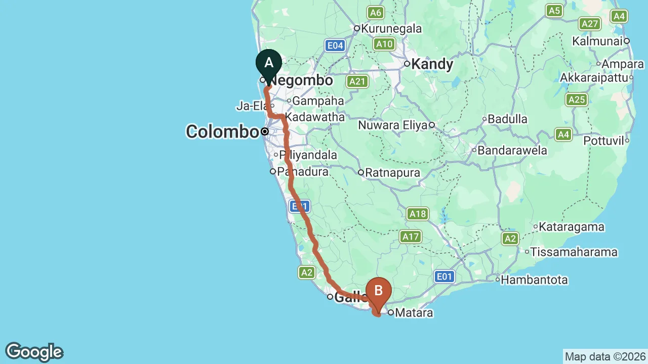 Route map: Colombo (CMB) Airport to Akash Villa, Mirissa