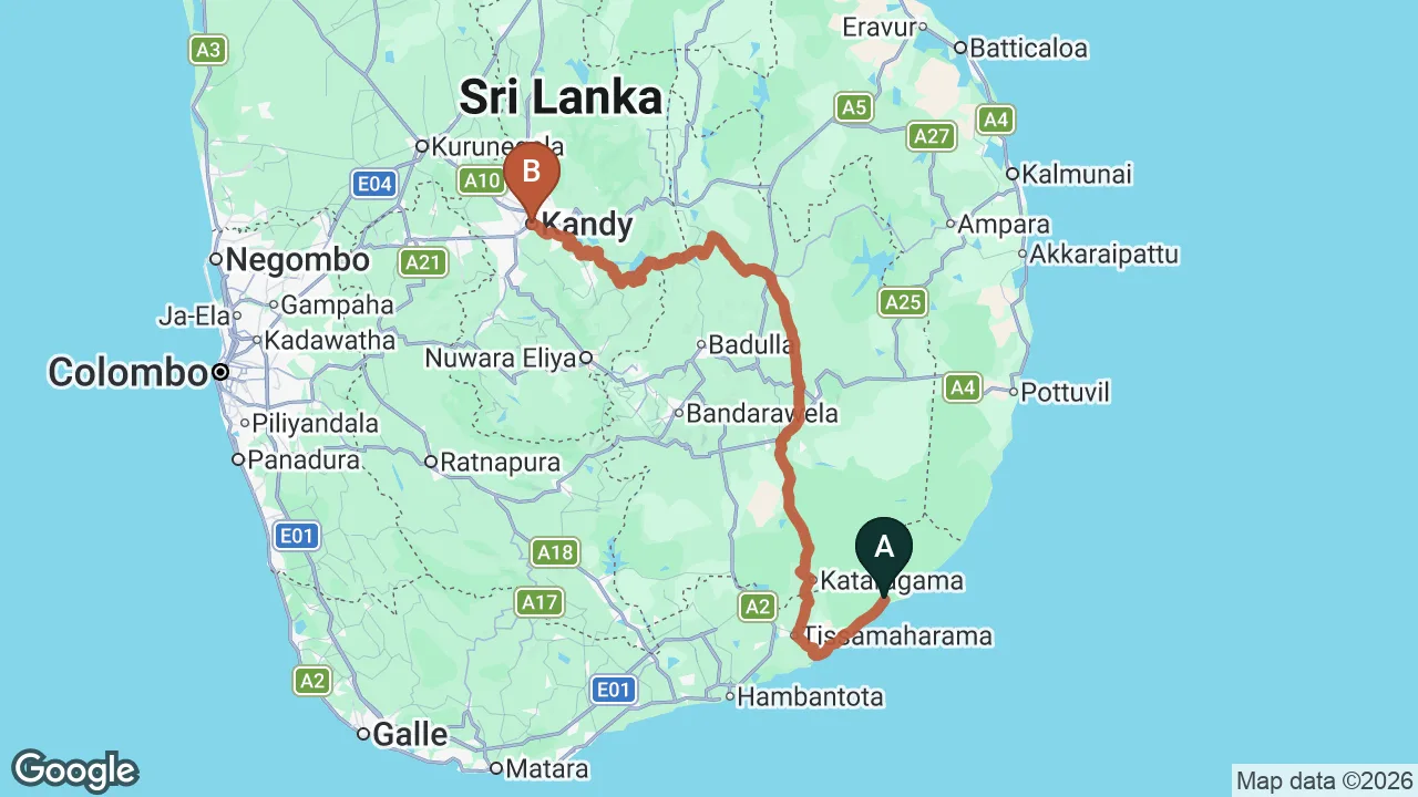 Route map: Yala City to Kandy City