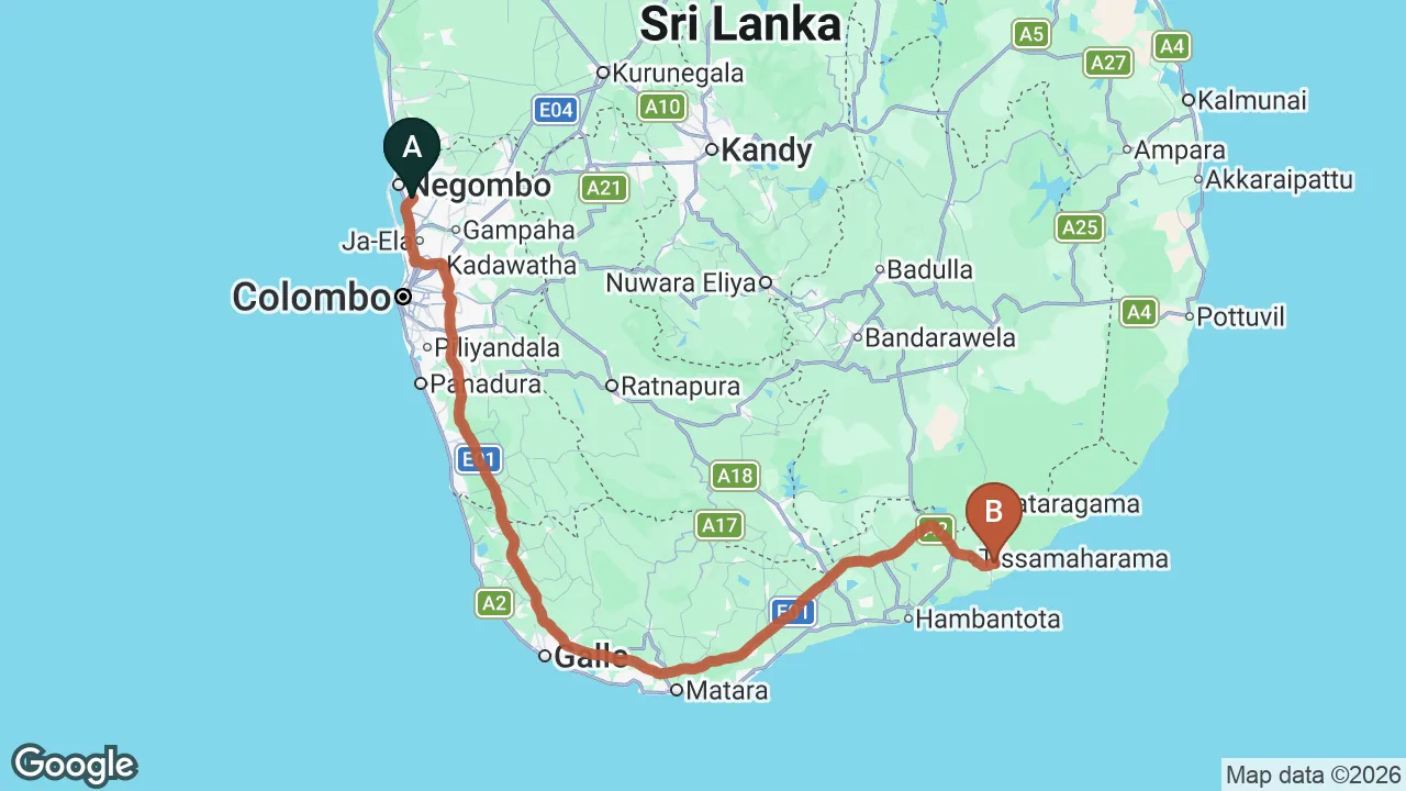 Route map: Colombo (CMB) Airport to Hide Yala, Yala