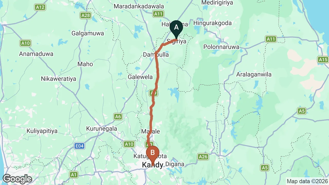 Route map: Sigiriya City to Kandy City