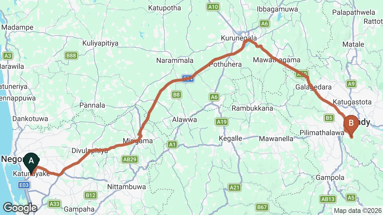 Route map: Colombo (CMB) Airport to Kandy Bungalow, Kandy