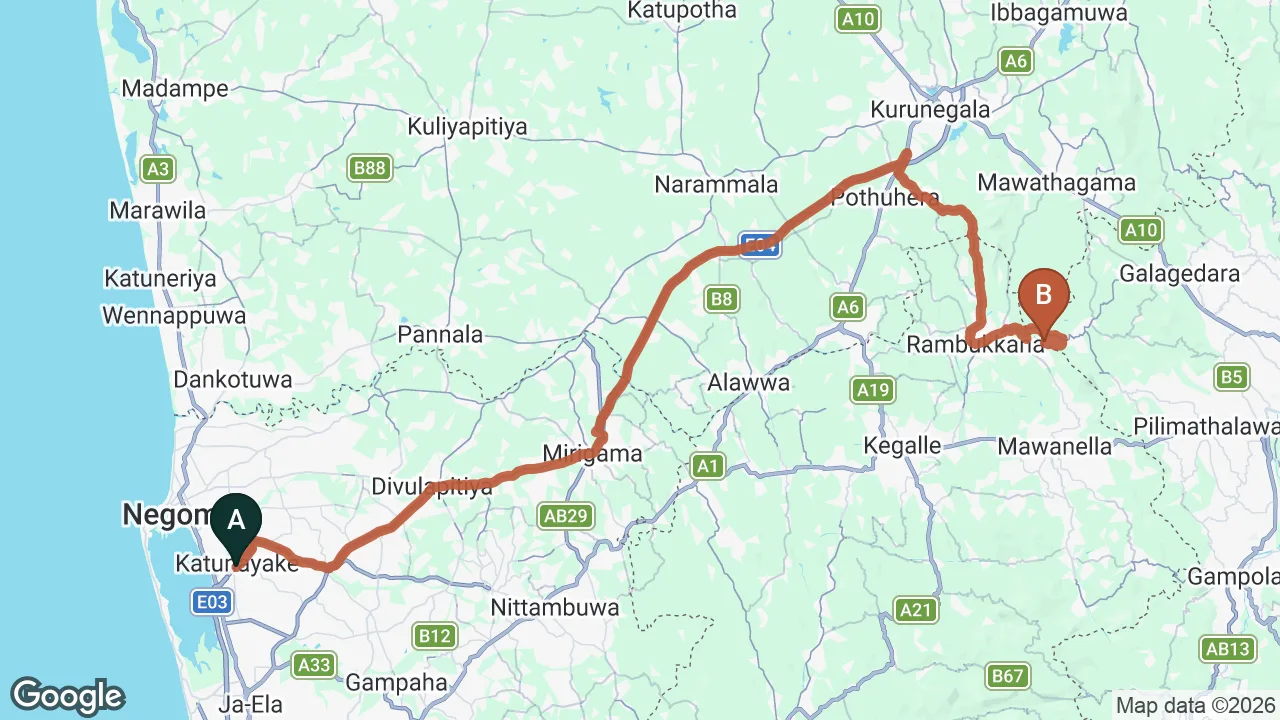 Route map: Colombo (CMB) Airport to Villa Labugolla, Kandy, Kandy