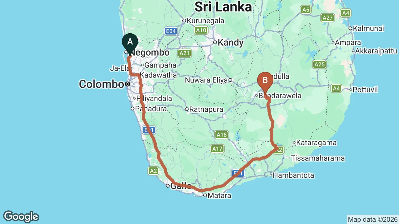 Route map: Colombo (CMB) Airport to Ella Planters Bungalow and Restaurant, Ella