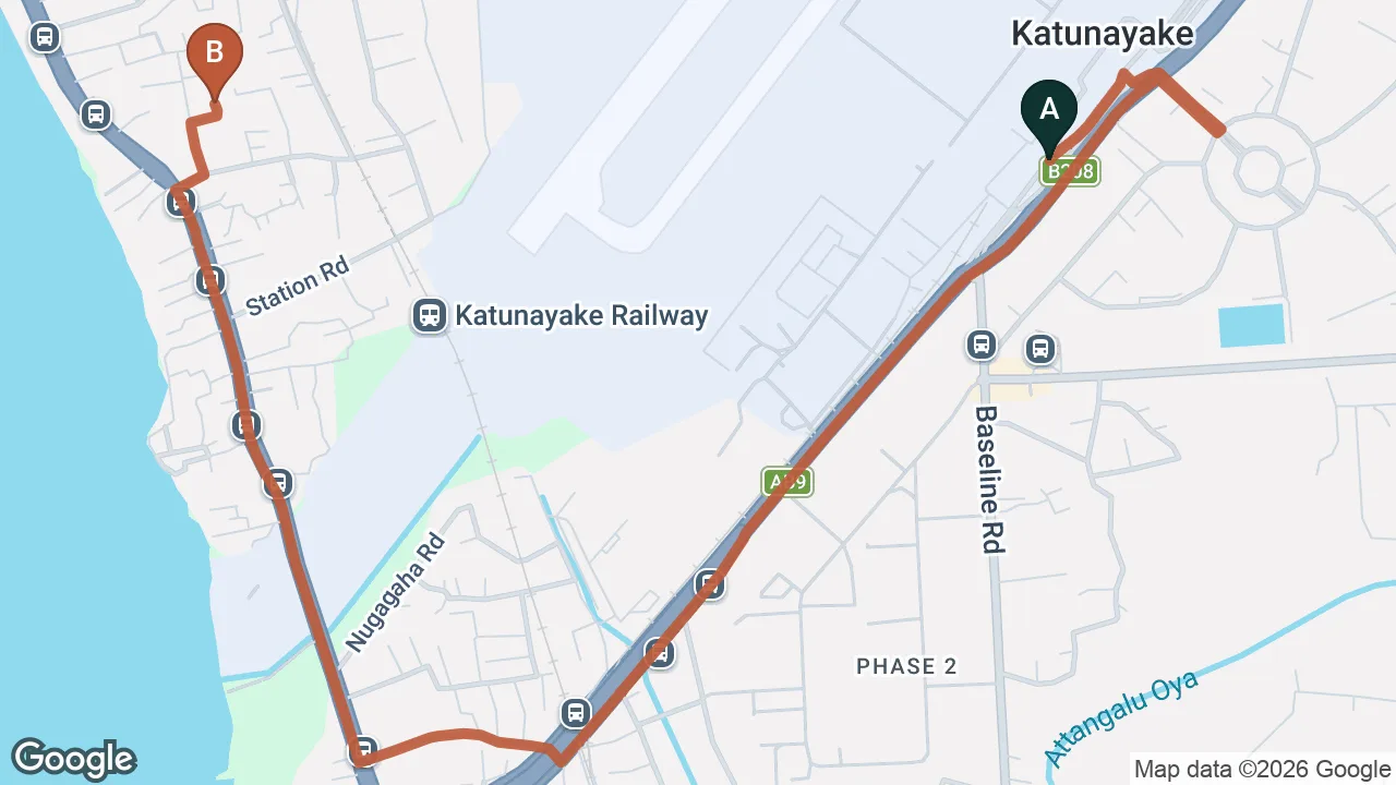 Route map: Colombo (CMB) Airport to Unwind Restaurant & Hostel, Katunayake