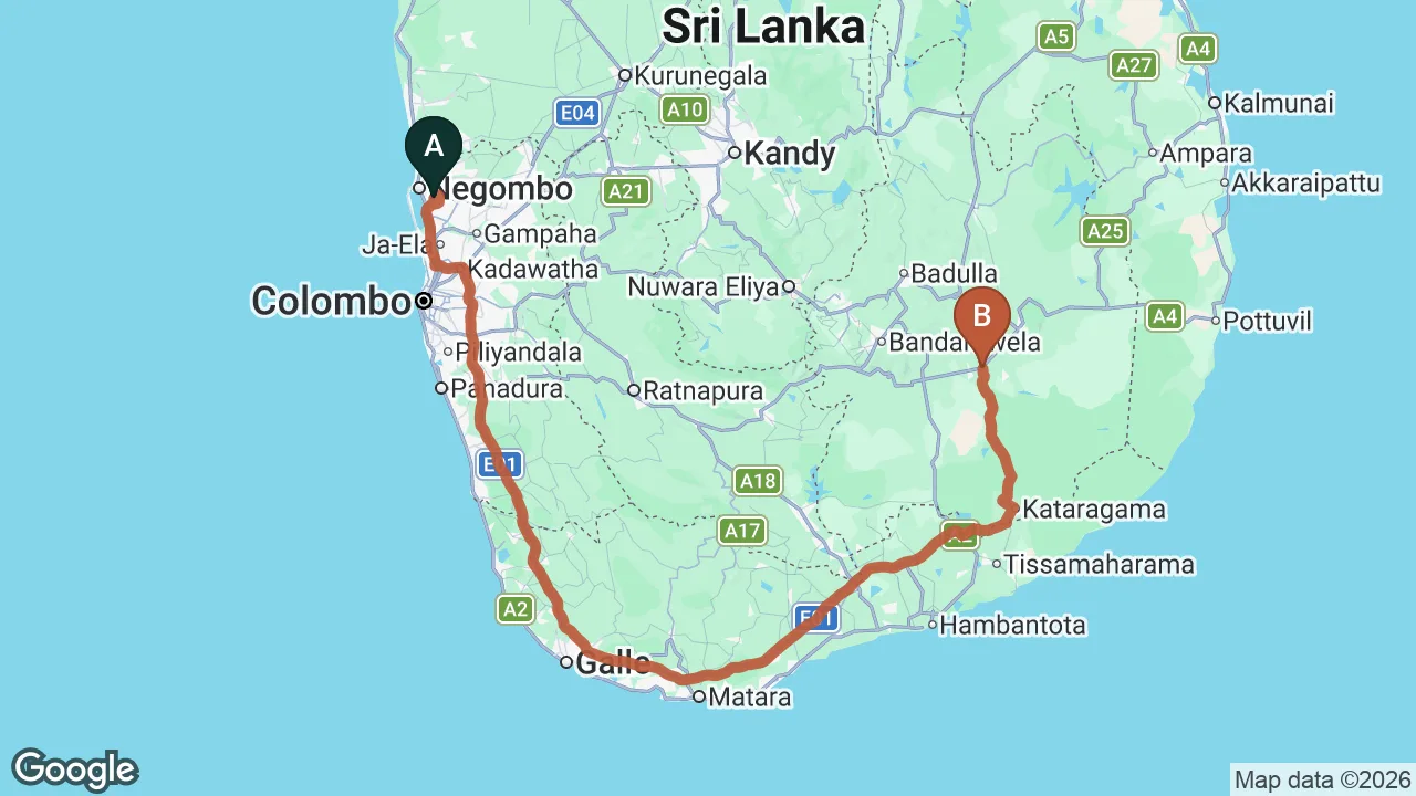 Route map: Colombo (CMB) Airport to Buttala City