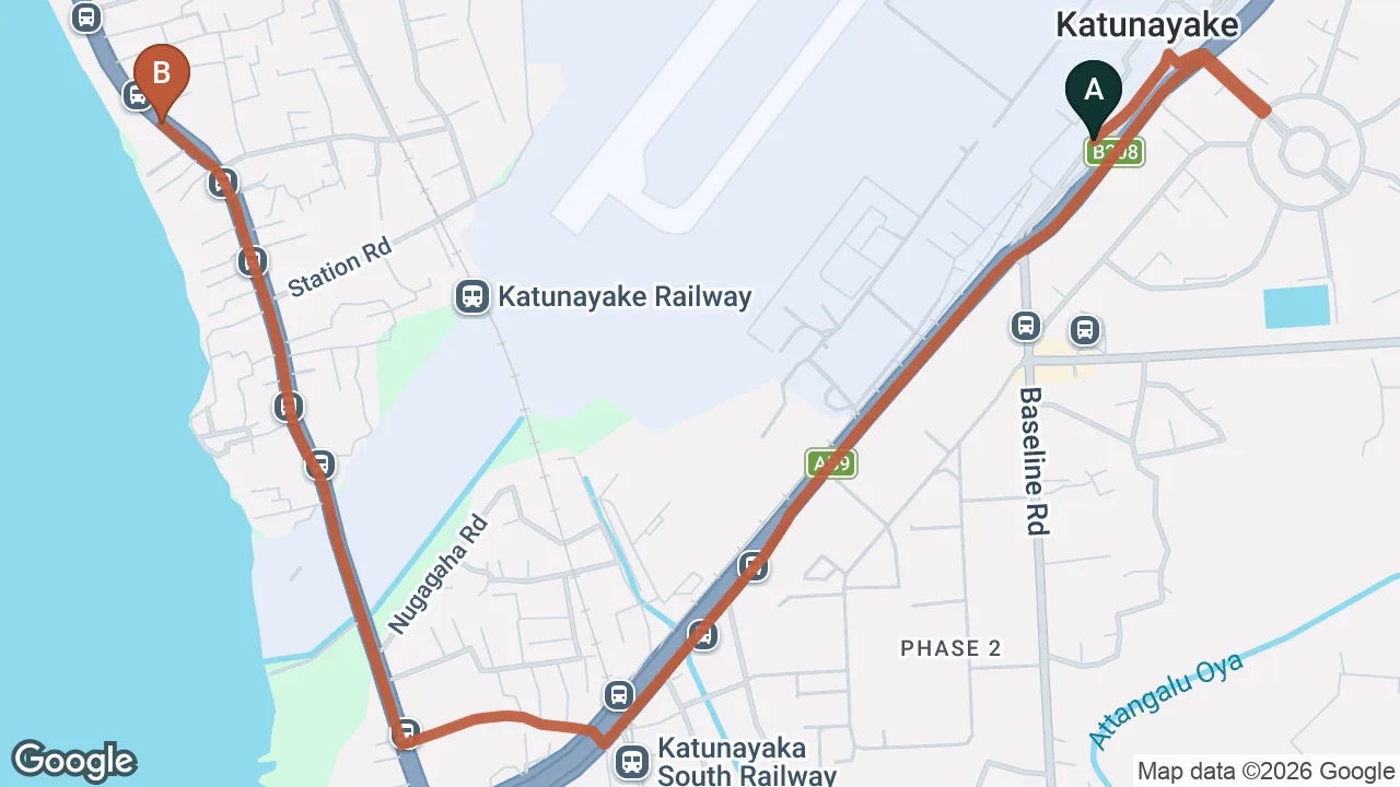 Route map: Colombo (CMB) Airport to Hostel First, Negombo