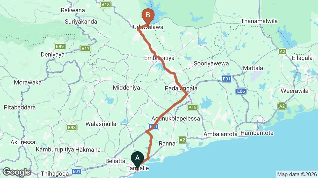 Route map: Tangalle City to Udawalawe City