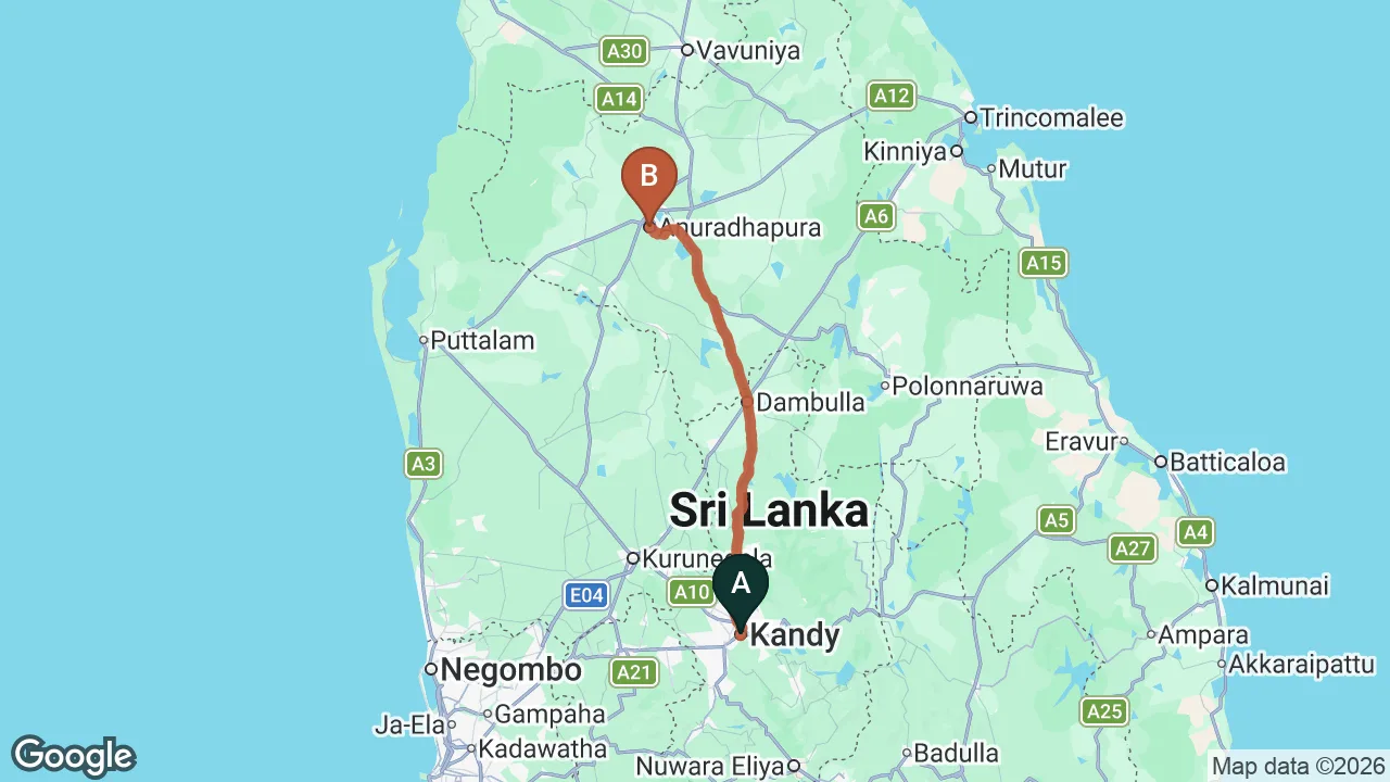 Route map: Kandy City to Anuradhapura City