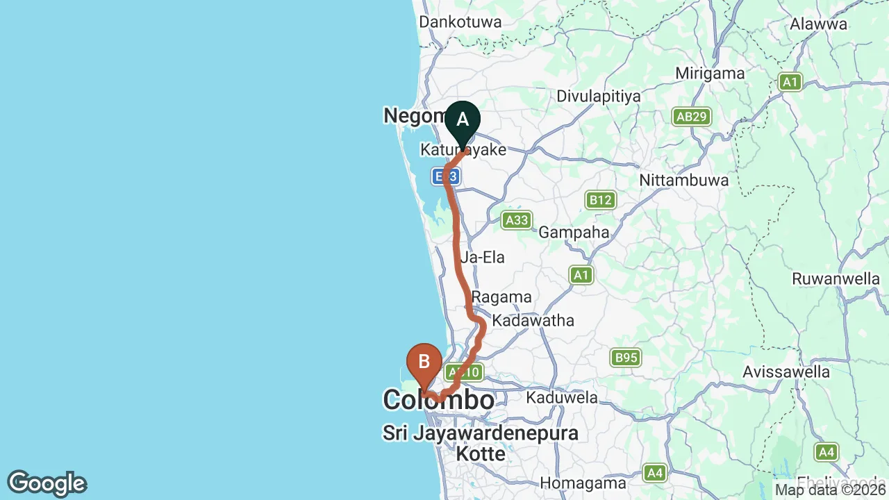 Route map: Colombo (CMB) Airport to Colombo Downtown Monkey Hostel, Colombo