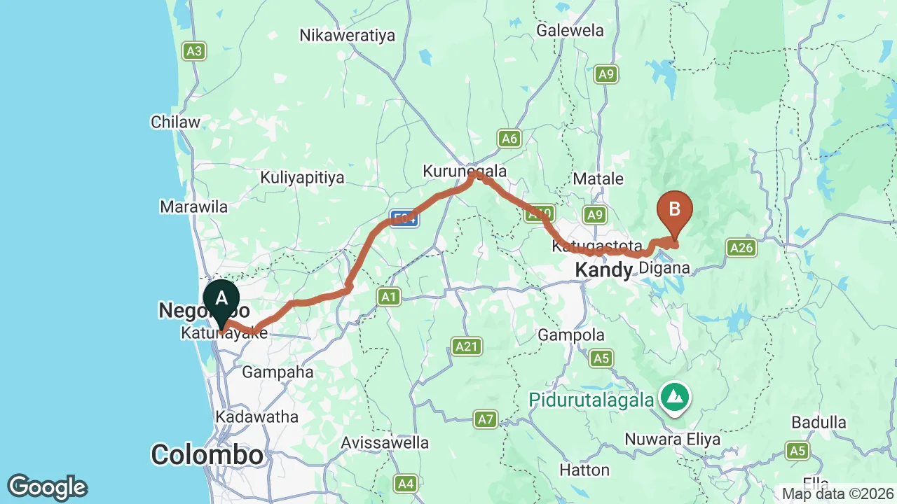 Route map: Colombo (CMB) Airport to Villa 95 Rangala, Kandy