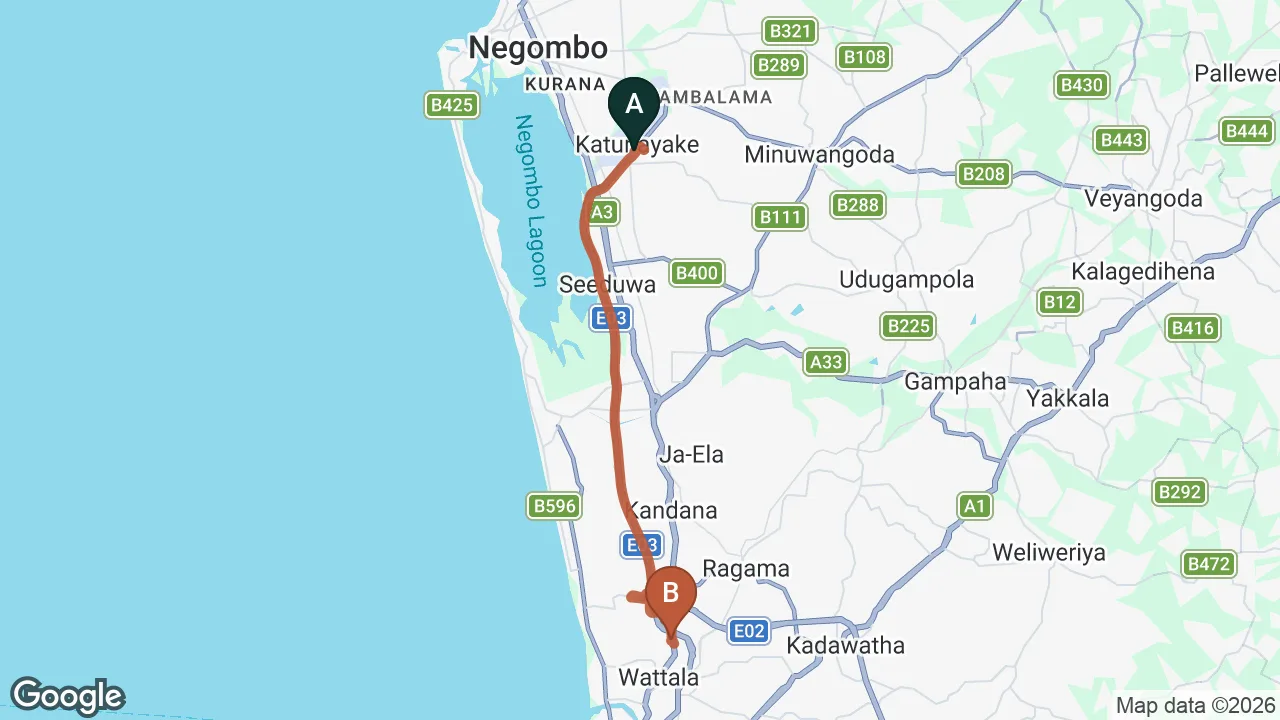 Route map: Colombo (CMB) Airport to Sha Residence, Negombo
