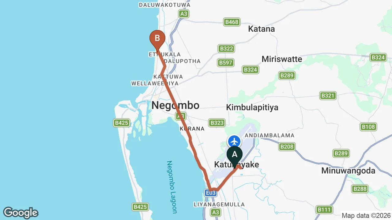 Route map: Colombo (CMB) Airport to Heritance Negombo, Negombo