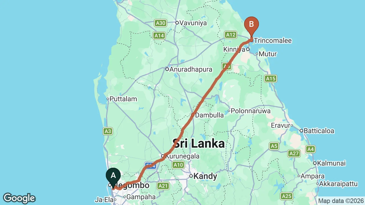 Route map: Colombo (CMB) Airport to Silaa Cabana, Trincomalee