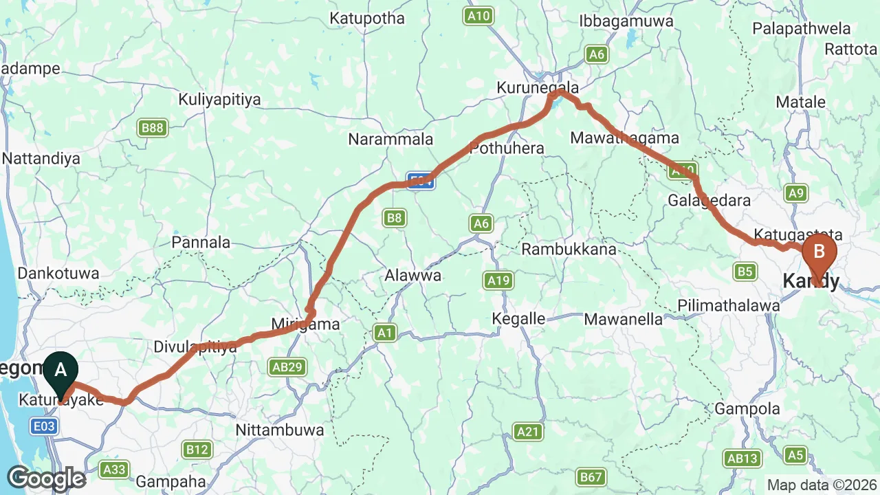 Route map: Colombo (CMB) Airport to Mcleod Inn, Kandy