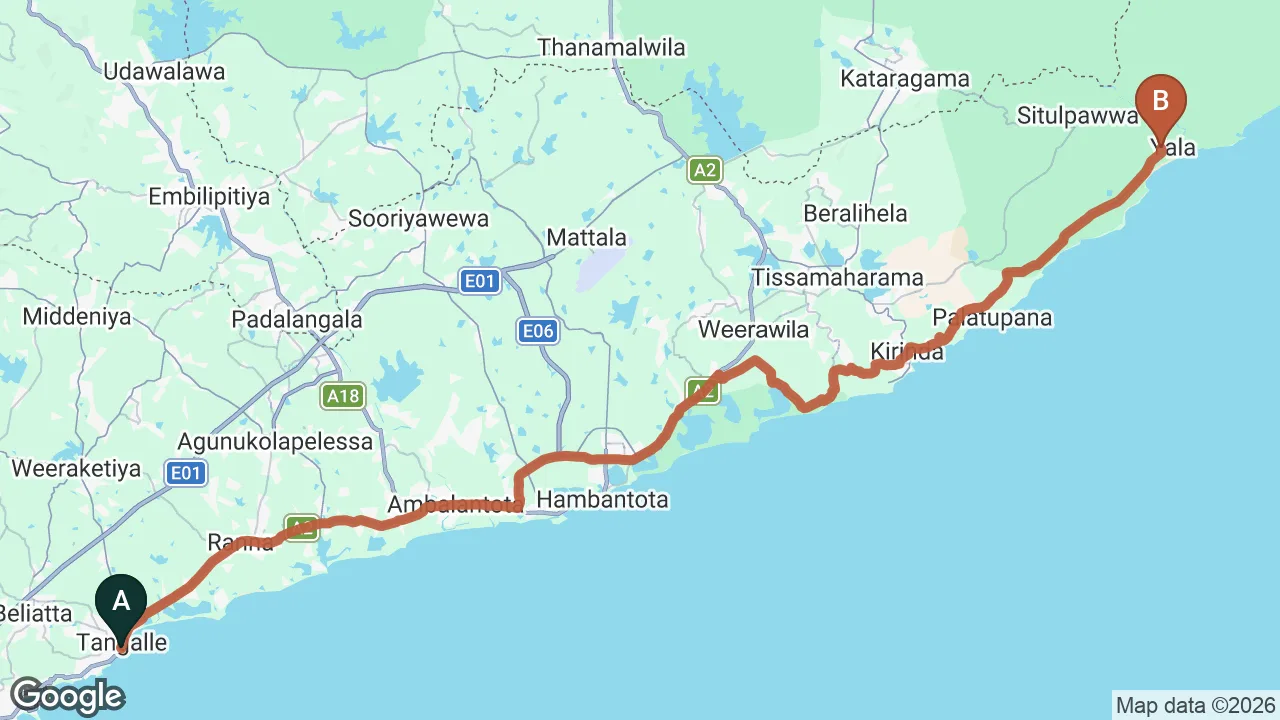 Route map: Tangalle City to Yala City