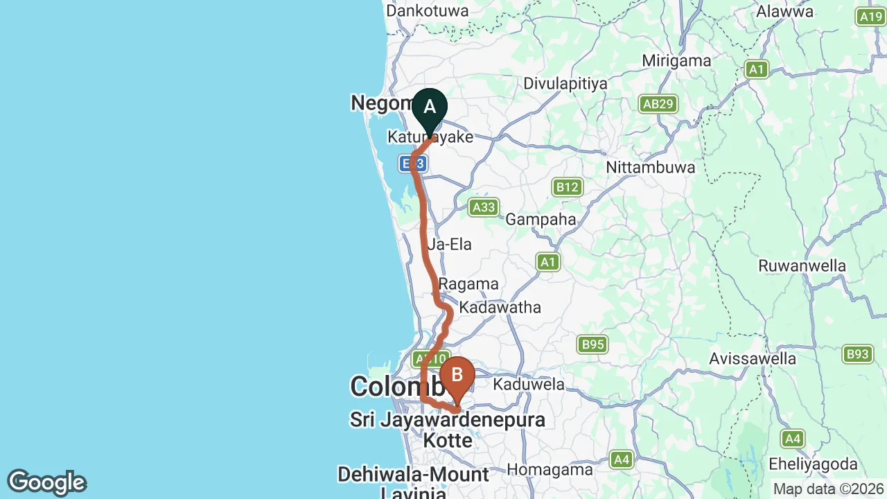 Route map: Colombo (CMB) Airport to Waters Edge, Battaramulla