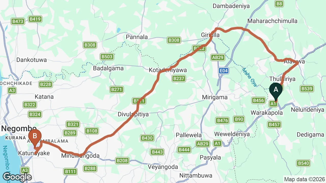 Route map: Ambepussa City to Colombo (CMB) Airport