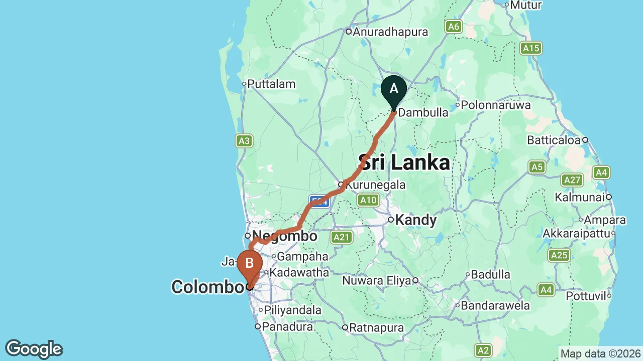Route map: Dambulla City to Colombo City