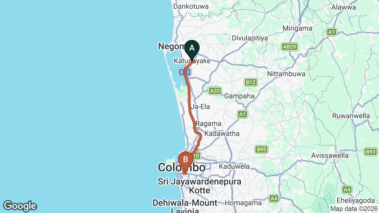 Route map: Colombo (CMB) Airport to Relax mood, Colombo