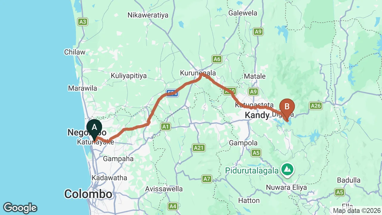 Route map: Colombo (CMB) Airport to Villa Sukum, Kandy