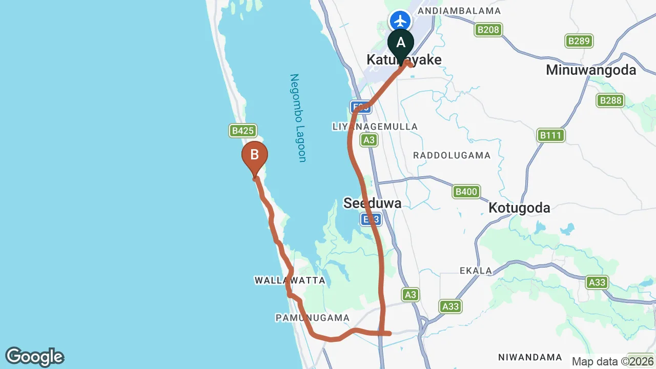 Route map: Colombo (CMB) Airport to E-Beach Resort, Negombo