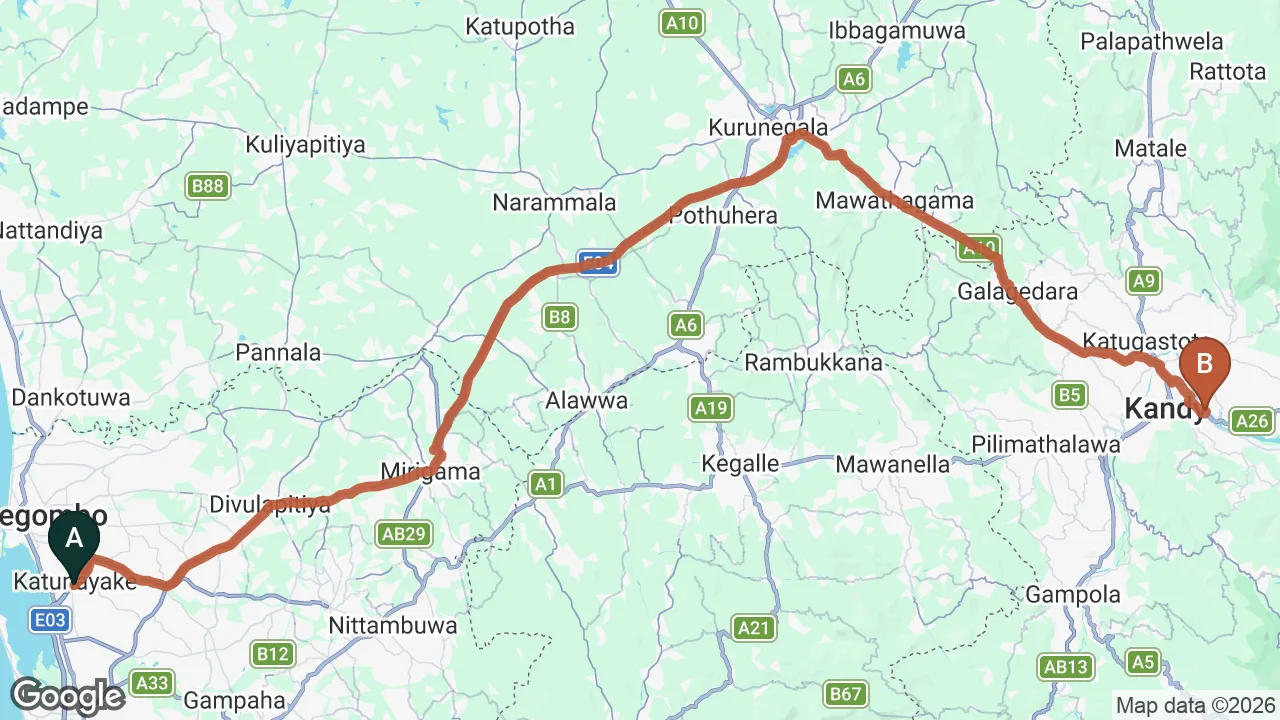 Route map: Colombo (CMB) Airport to Kandy Riverside Villa, Tennekumbura
