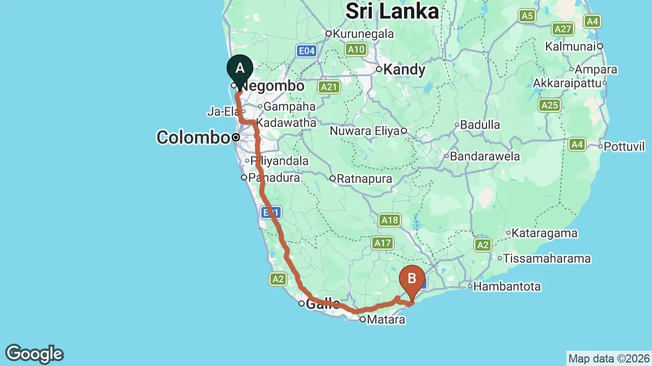 Route map: Colombo (CMB) Airport to Sandy Cabanas, Tangalle