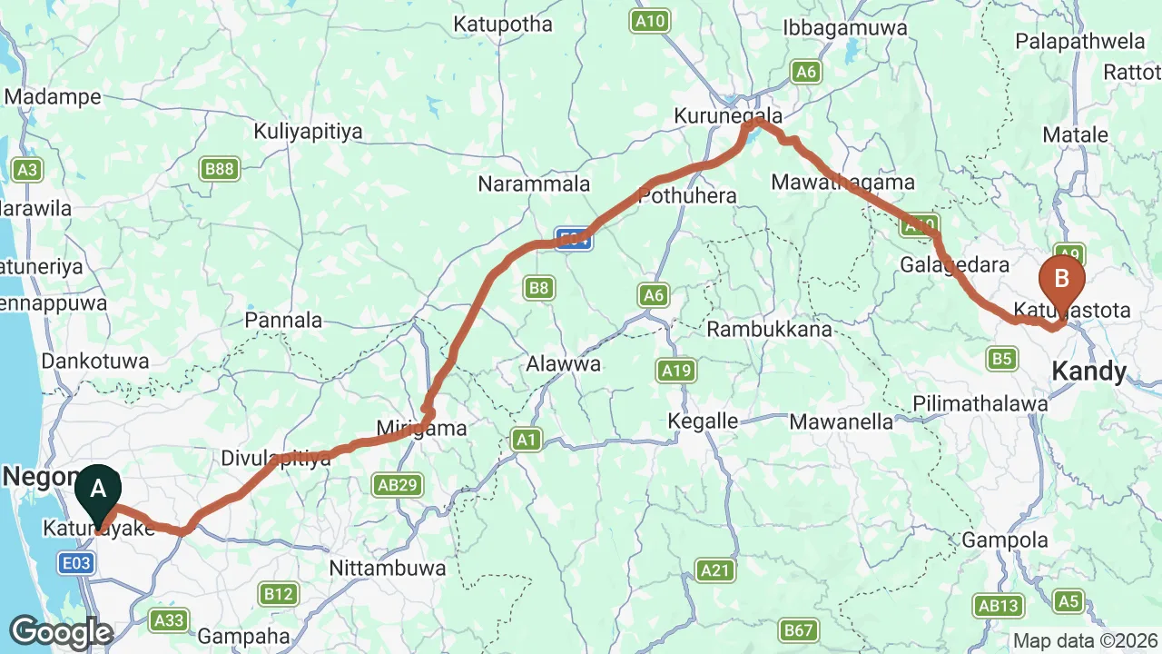 Route map: Colombo (CMB) Airport to Niketh Villa, Kandy