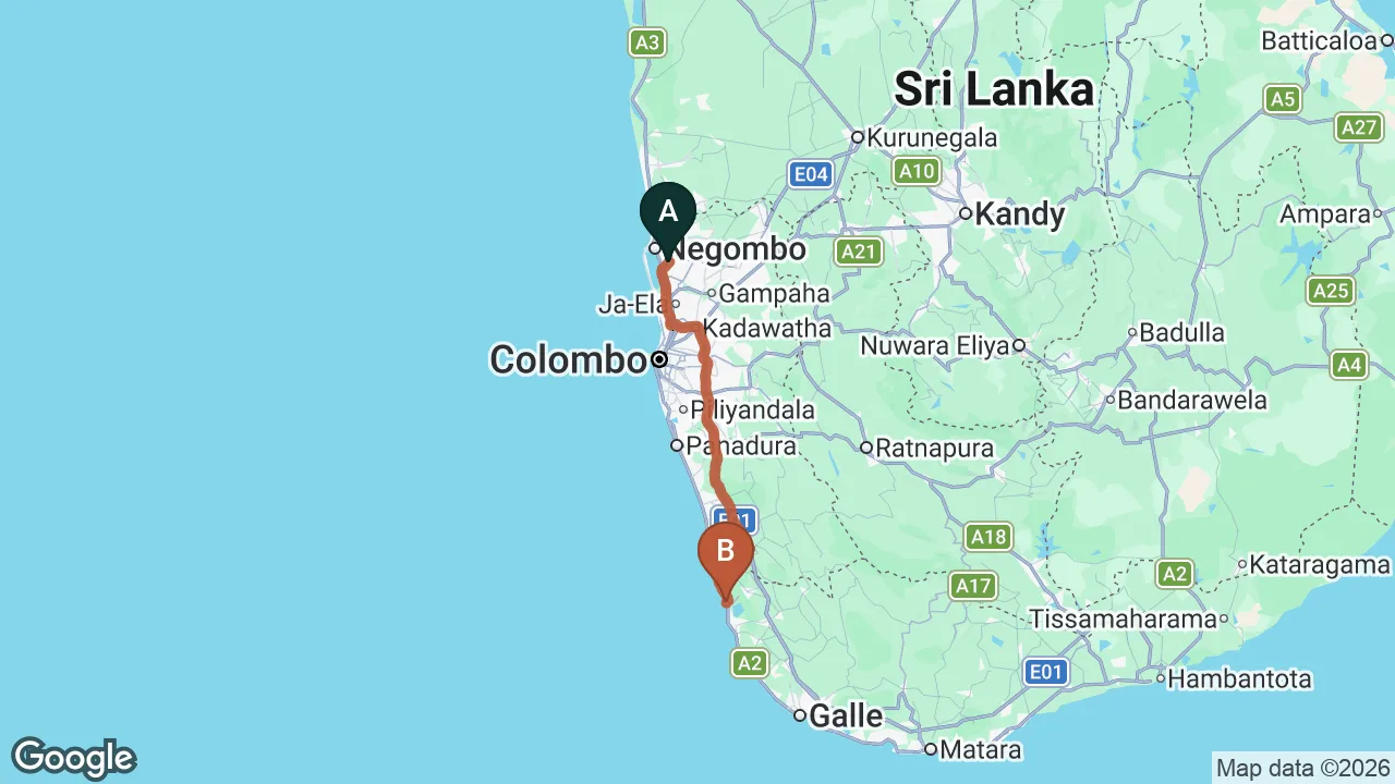 Route map: Colombo (CMB) Airport to Ahu Bay, Ahungalla