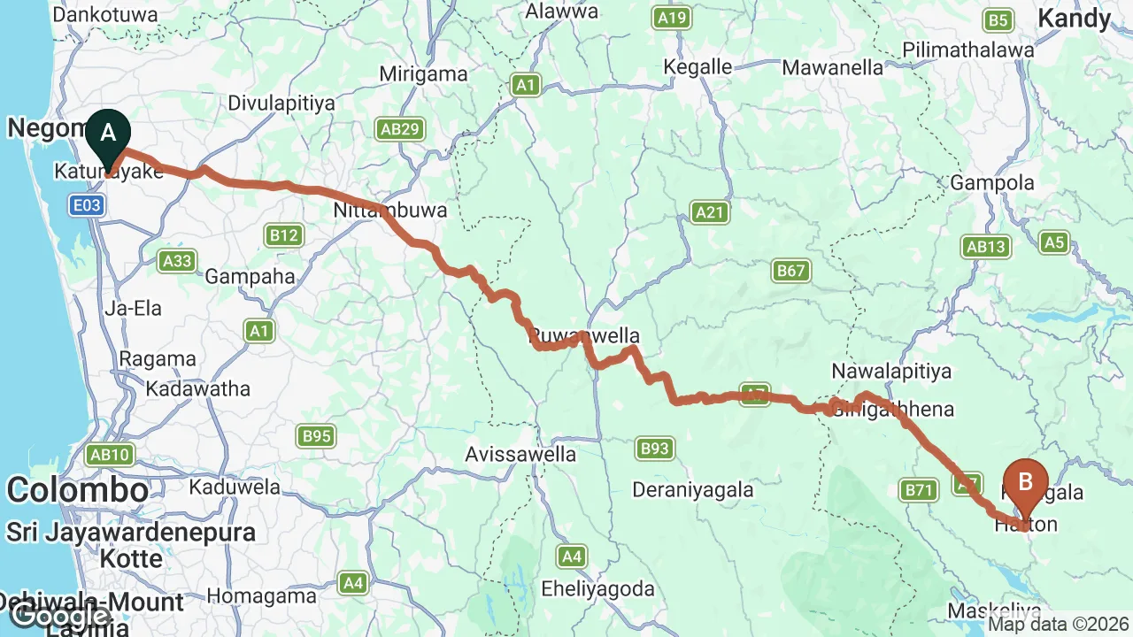 Route map: Colombo (CMB) Airport to Hotel Mango Tree, Hatton